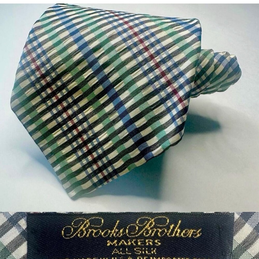 Brooks Brothers Makers Seersucker Green Plaid Silk Classic Tie